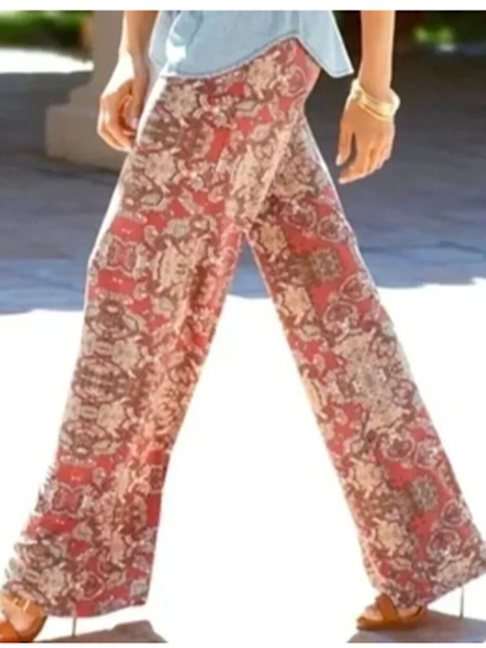 Chico's Women Paisley Coral & Tan Palazzo Wide Leg Pull on pants size 1